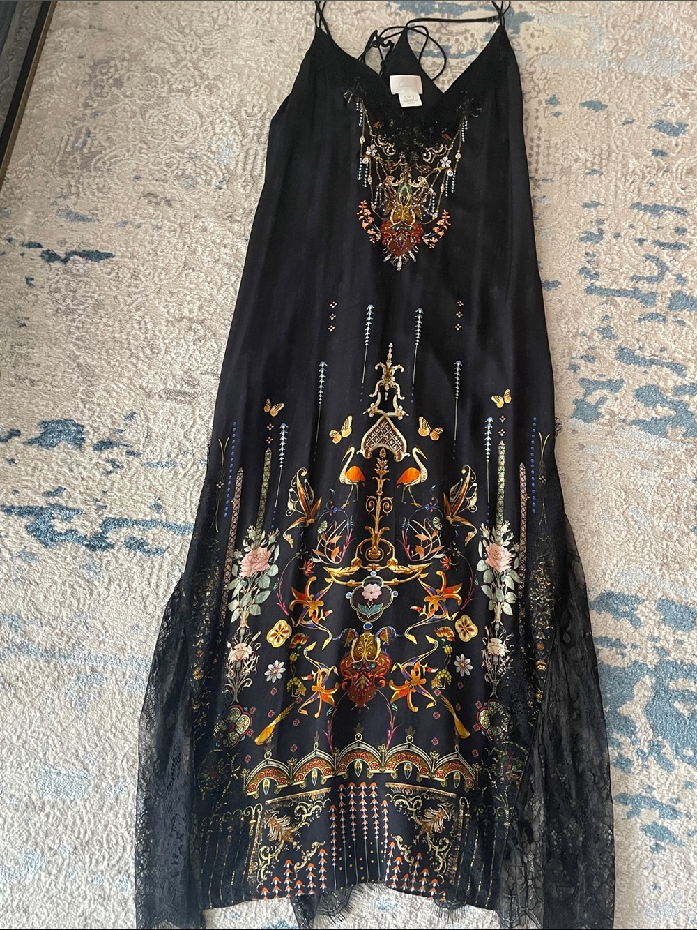 Camilla Black Maxi Slip Dress with Multicolor Ornamental Embroidery
